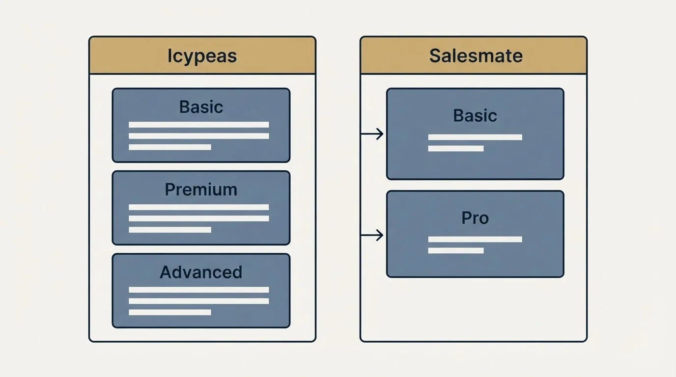 Pricing panels: Pricing Comparison (Icypeas, Salesmate, Basic, Premium)