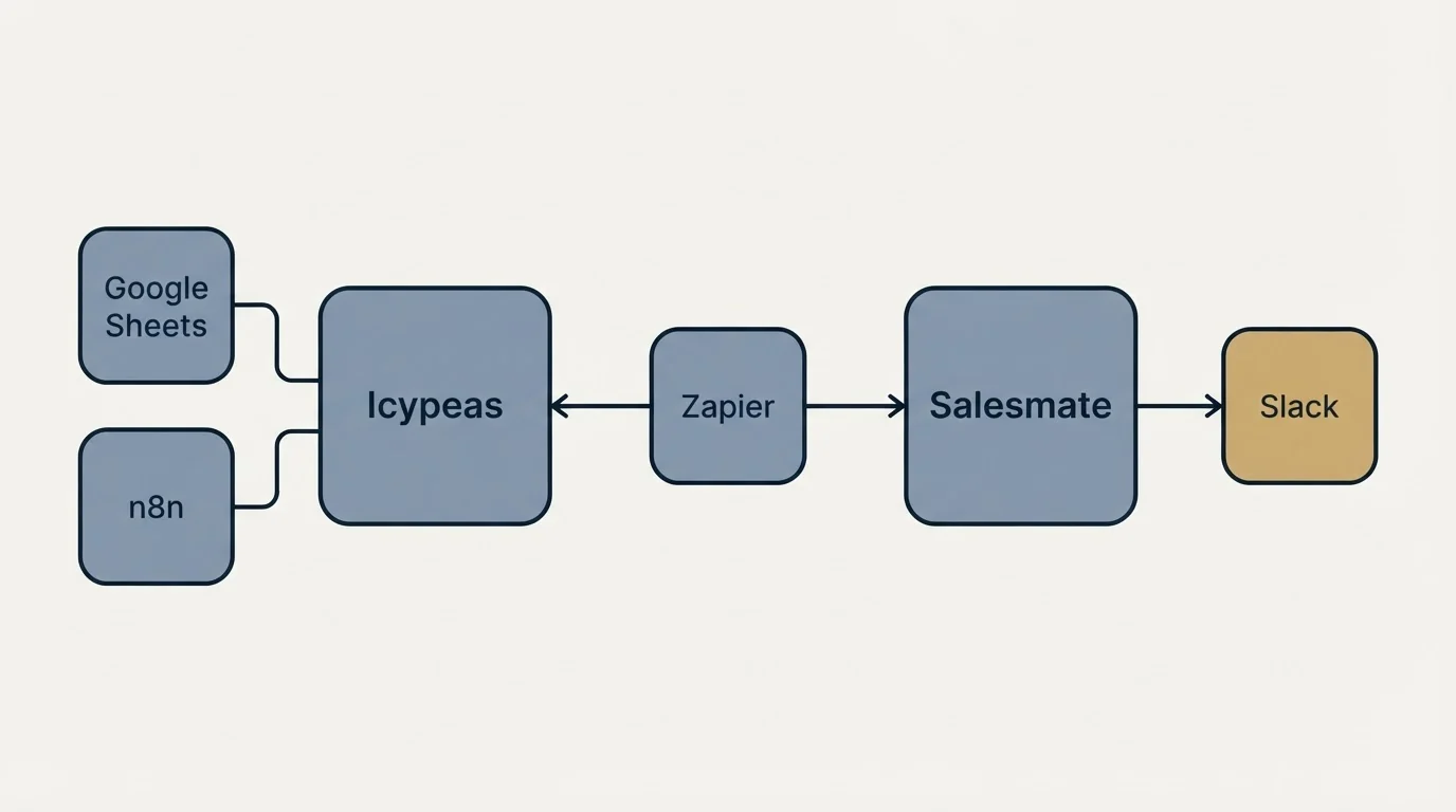 Integration schematic: Integration Ecosystem (Icypeas, Salesmate, Zapier, Google Sheets)