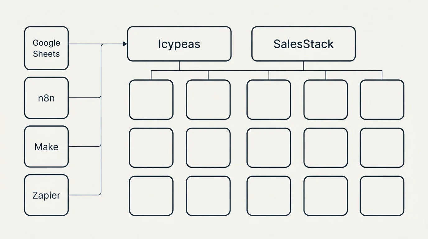 Integration grid: Integration Ecosystem (Icypeas, SalesStack, Google Sheets, n8n)