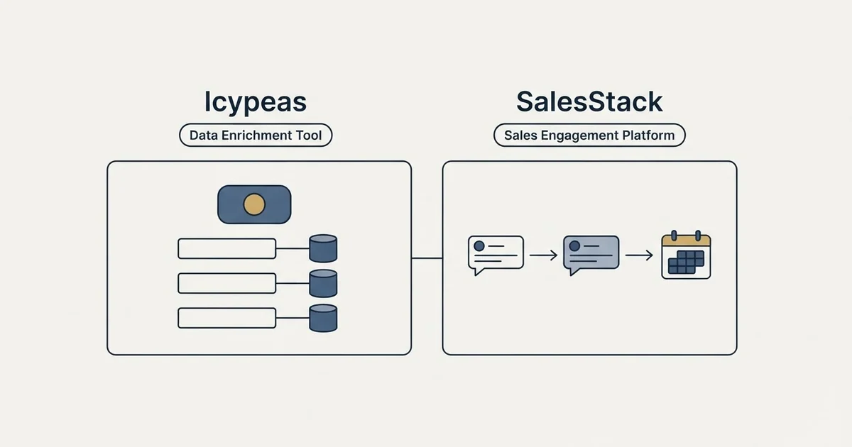 Side-by-side panels: Icypeas vs SalesStack (Data Enrichment Tool, Sales Engagement Platform)