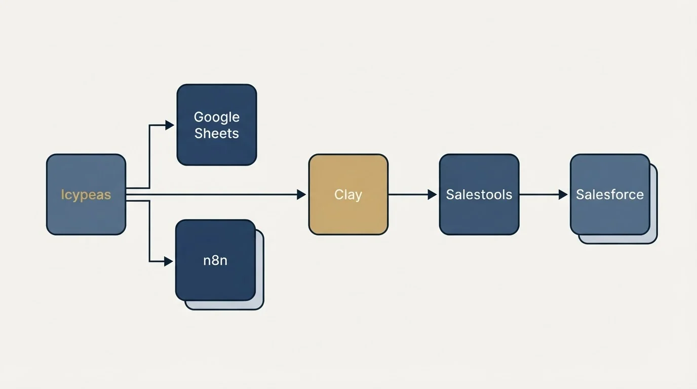 Integration flow: Integration Ecosystem (Icypeas, Salestools, Clay, Google Sheets)