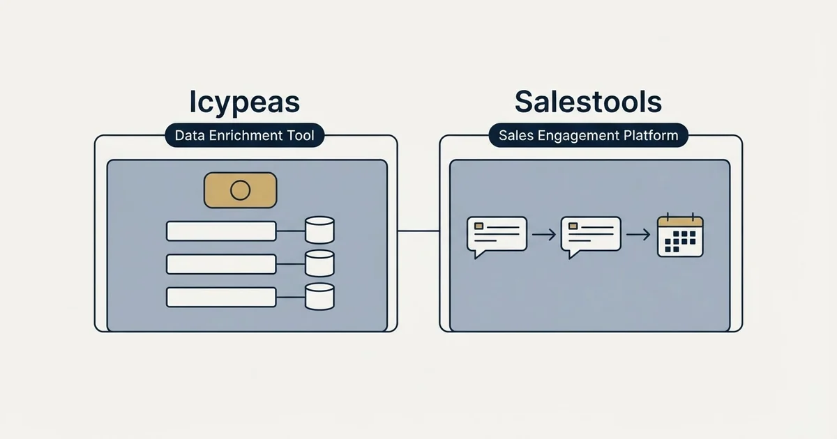 Side-by-side panels: Icypeas vs Salestools (Data Enrichment Tool, Sales Engagement Platform)
