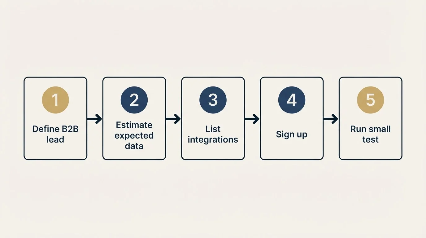 Step sequence: Getting Started Checklist (Define B2B lead, Estimate expected data, List integrations, Sign up)