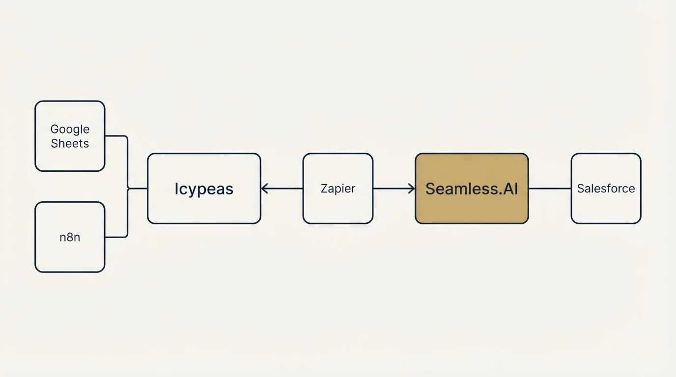 Integration flow: Integration Ecosystem (Icypeas, Seamless.AI, Zapier, Google Sheets)