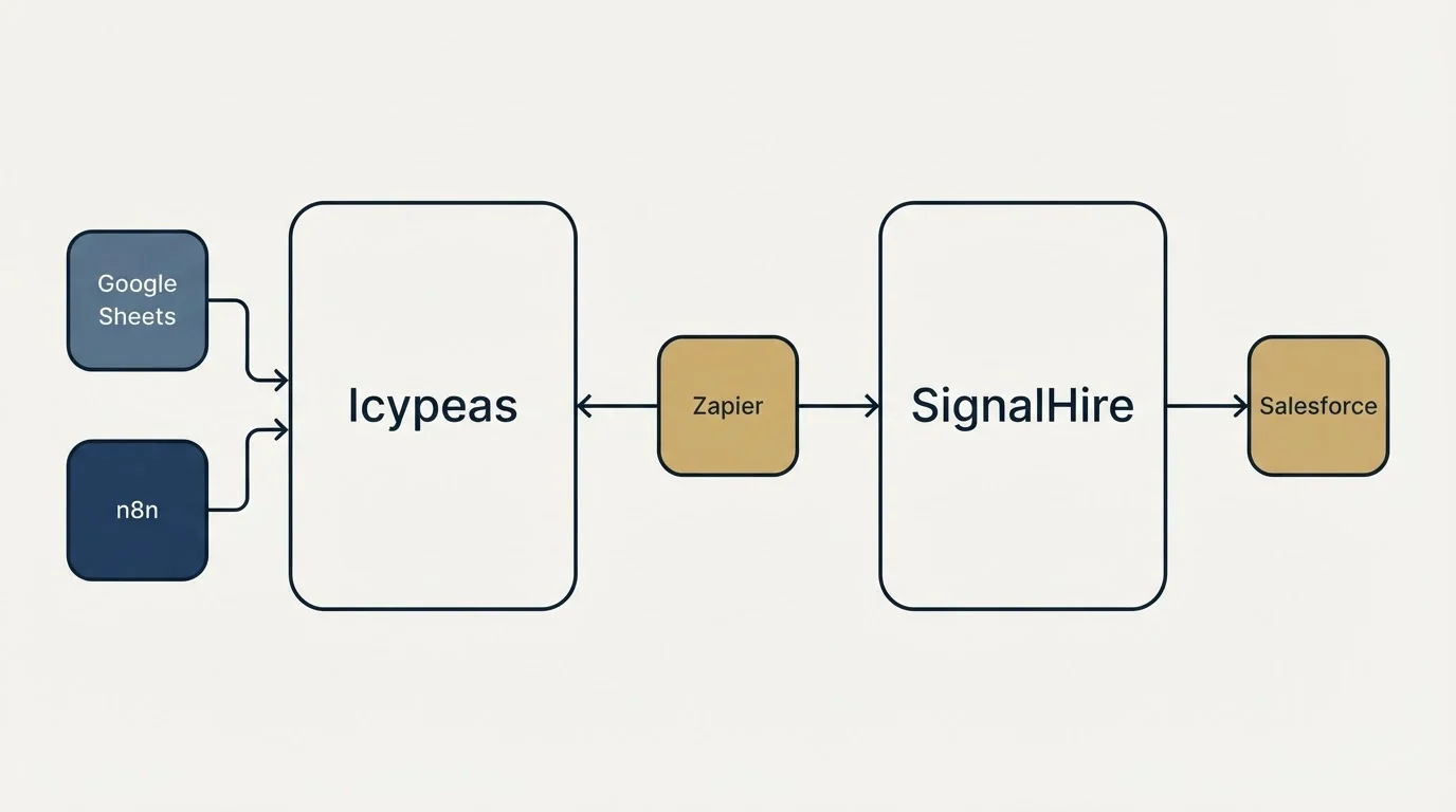 Integration schematic: Integration Ecosystem (Icypeas, SignalHire, Zapier, Google Sheets)