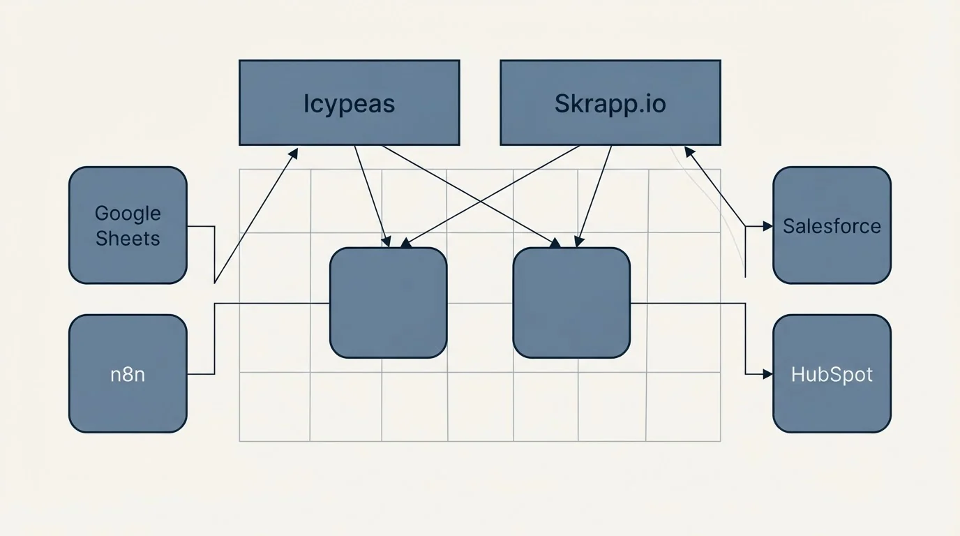 Integration grid: Integration Ecosystem (Icypeas, Skrapp.io, Google Sheets, Salesforce)