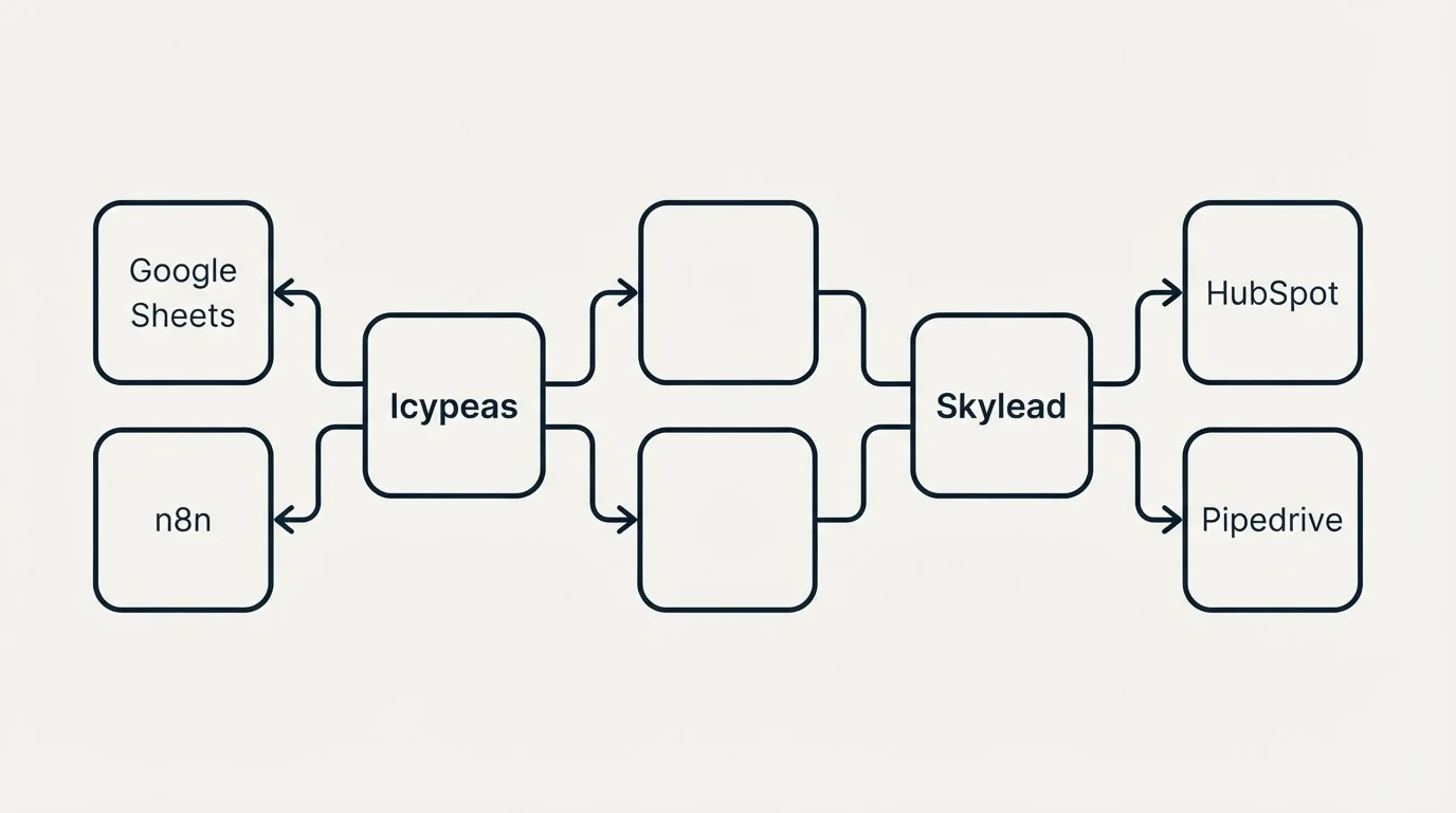 Integration schematic: Integration Ecosystem (Icypeas, Skylead, Google Sheets, HubSpot)