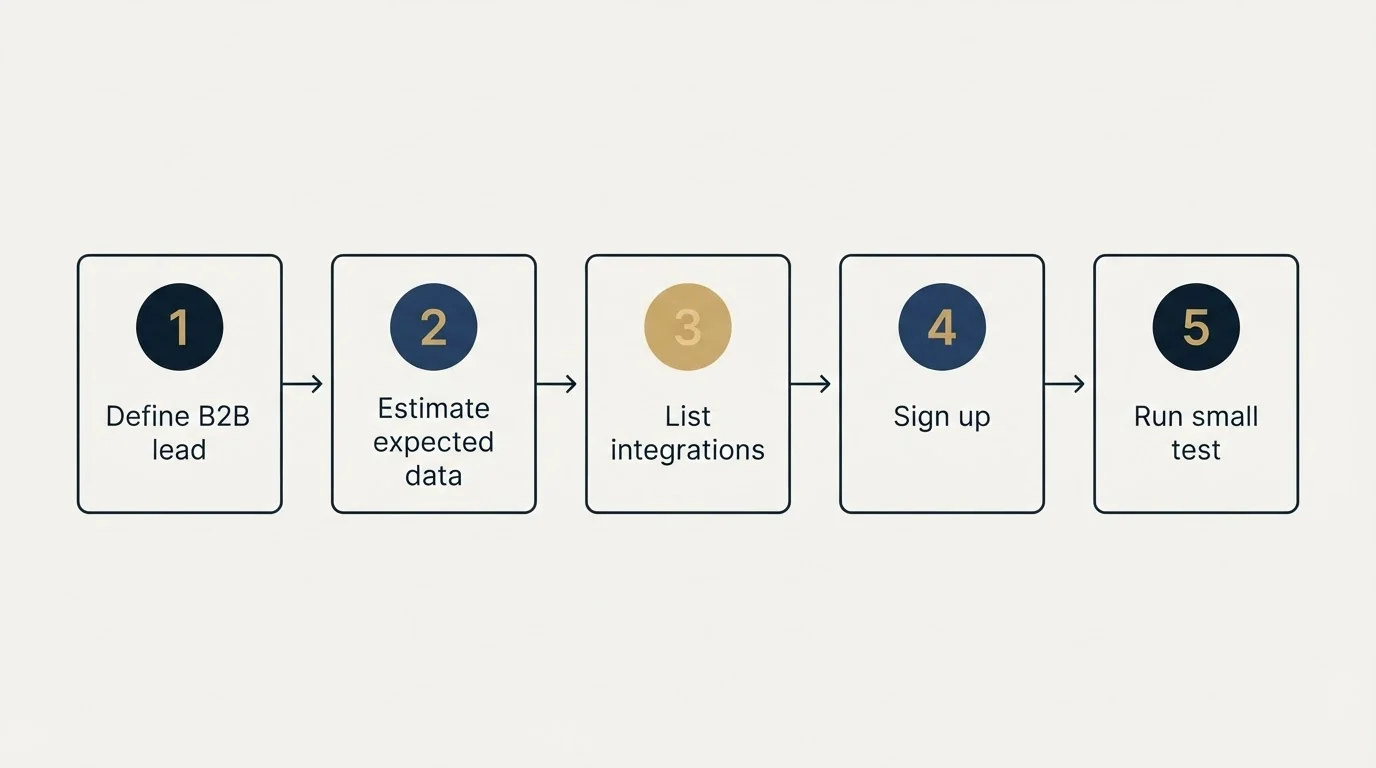 Step sequence: Getting Started Checklist (Define B2B lead, Estimate expected data, List integrations, Sign up)