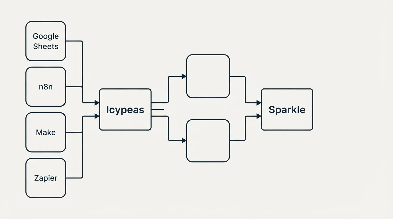 Integration flow: Integration Ecosystem (Icypeas, Sparkle, Google Sheets, n8n)