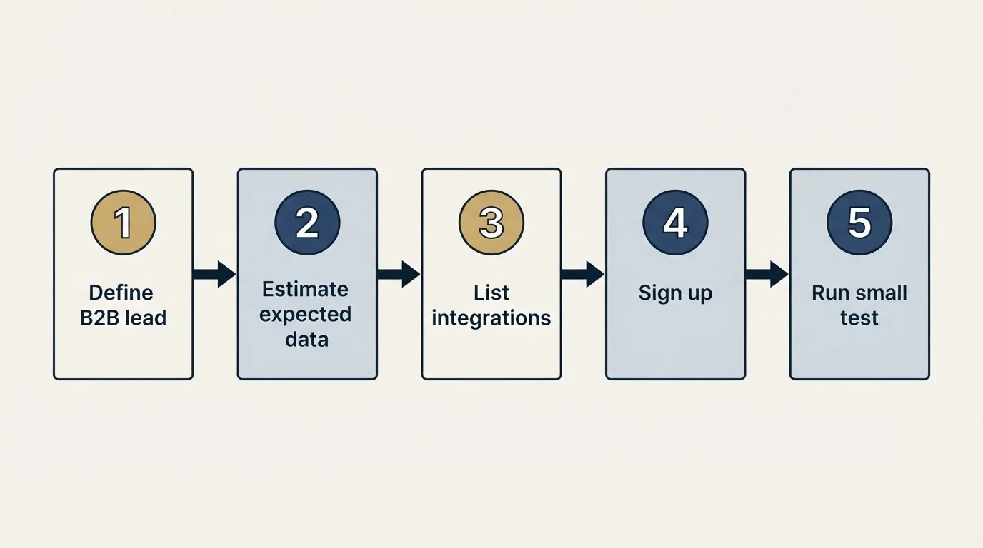 Step sequence: Getting Started Checklist (Define B2B lead, Estimate expected data, List integrations, Sign up)
