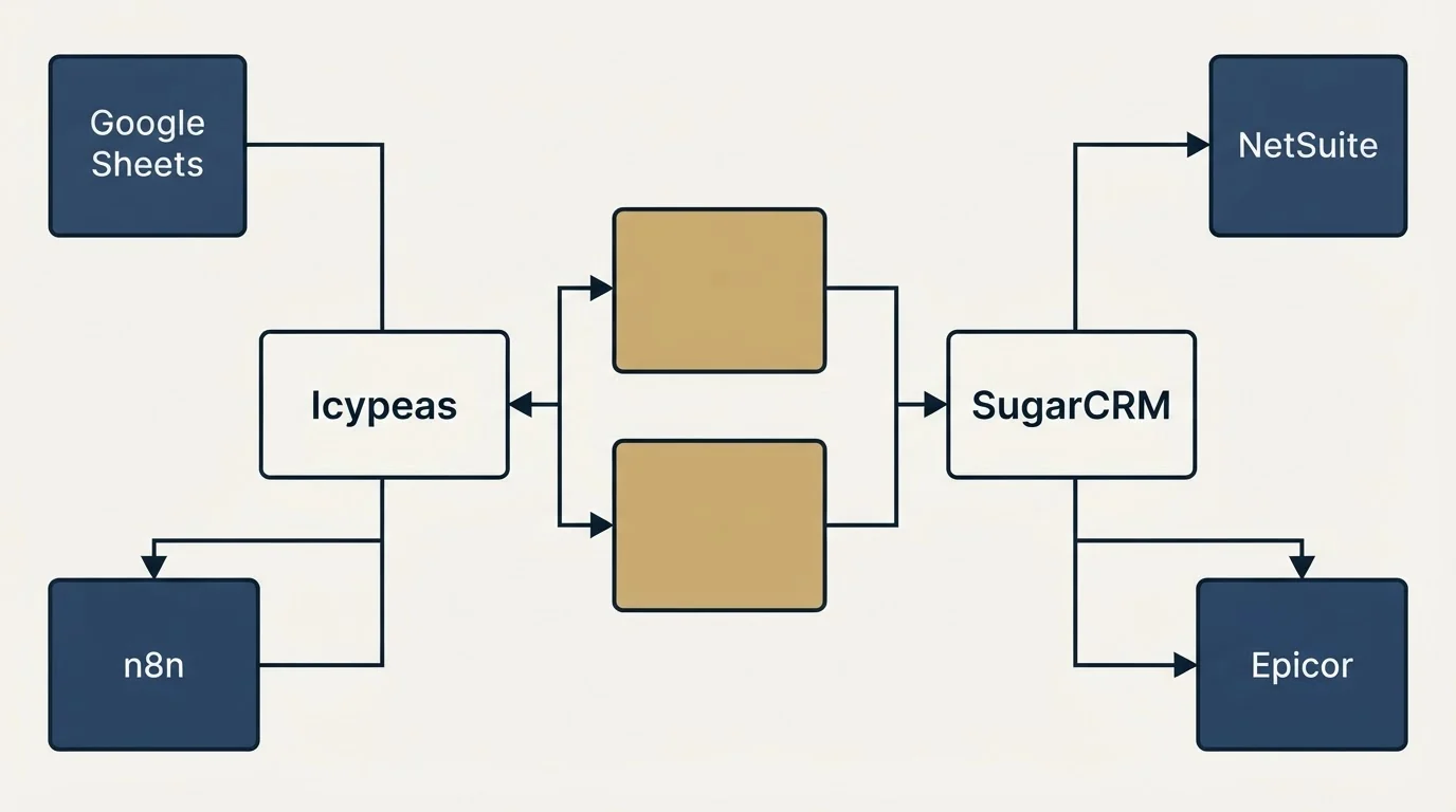 Integration schematic: Integration Ecosystem (Icypeas, SugarCRM, Google Sheets, NetSuite)