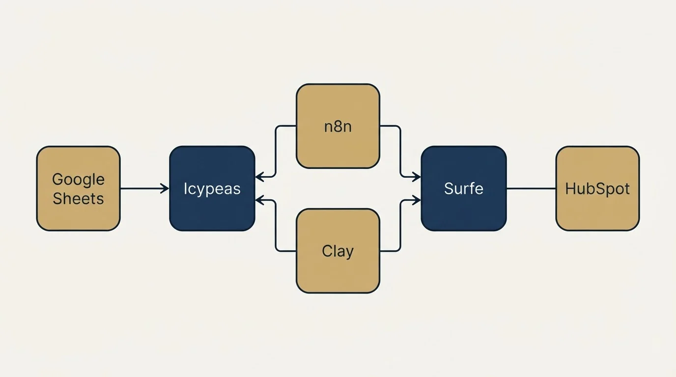 Integration flow: Integration Ecosystem (Icypeas, Surfe, n8n, Clay)