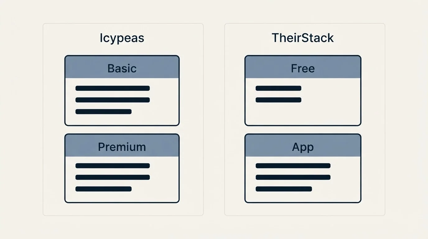 Pricing panels: Pricing Comparison (Icypeas, TheirStack, Basic, Free)