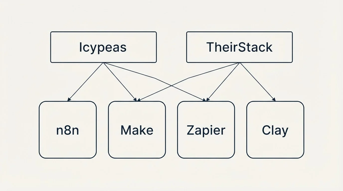 Integration grid: Integration Ecosystem (Icypeas, TheirStack, n8n, Make)