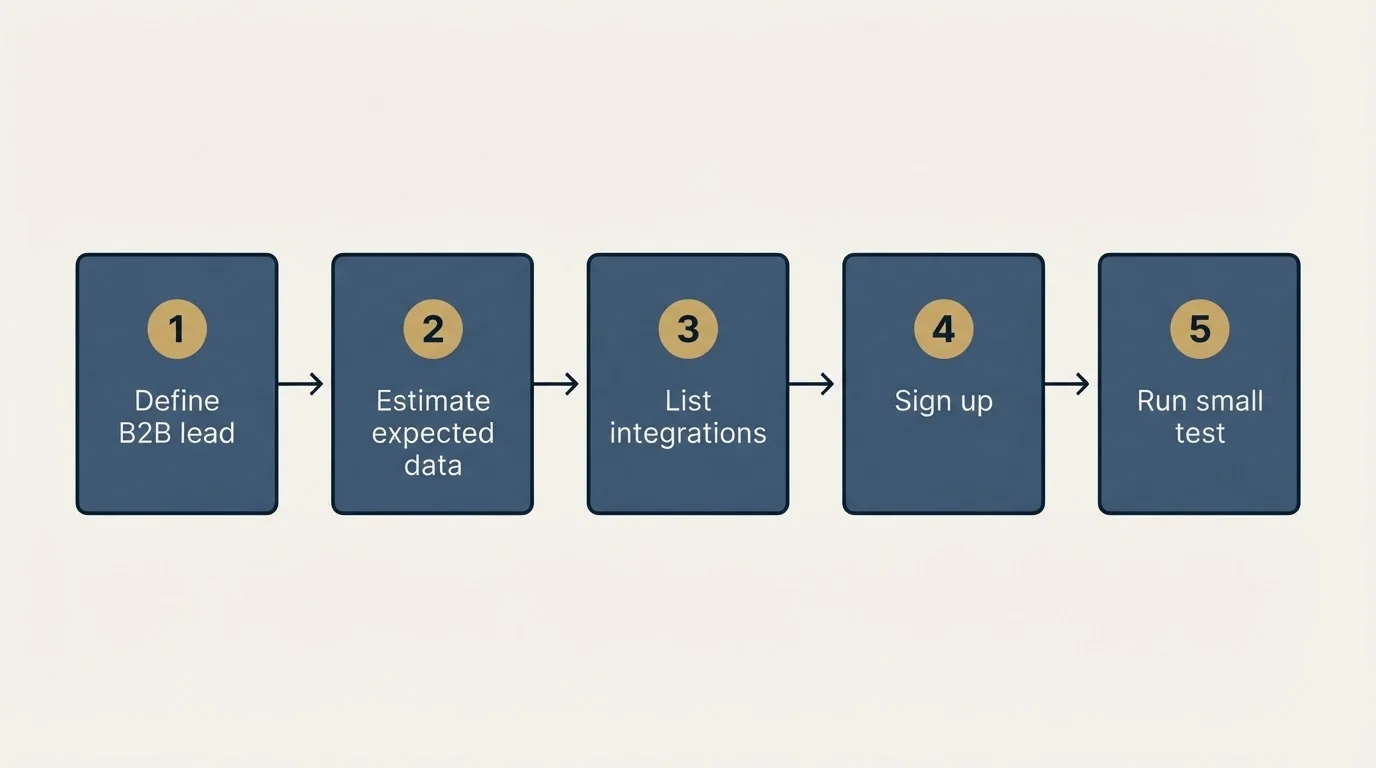 Step sequence: Getting Started Checklist (Define B2B lead, Estimate expected data, List integrations, Sign up)