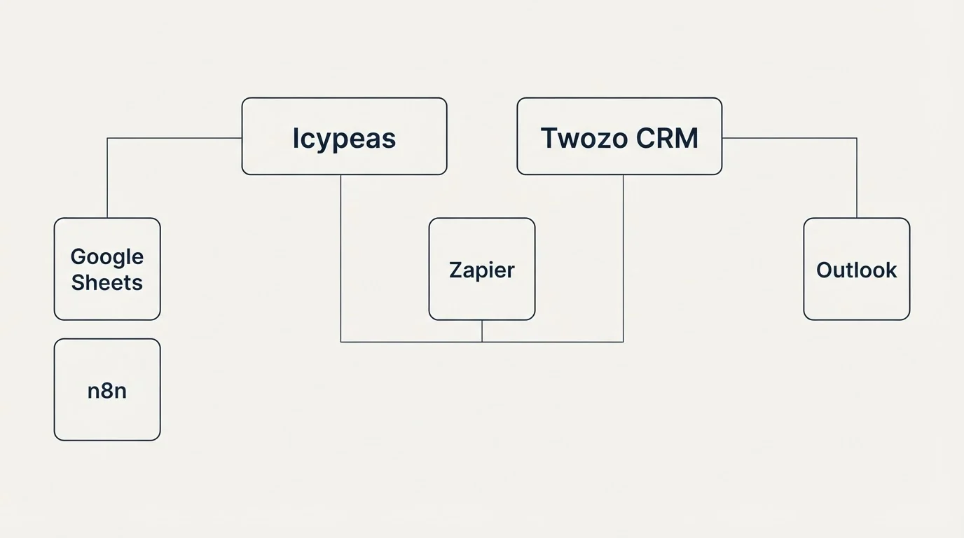 Integration grid: Integration Ecosystem (Icypeas, Twozo CRM, Zapier, Google Sheets)