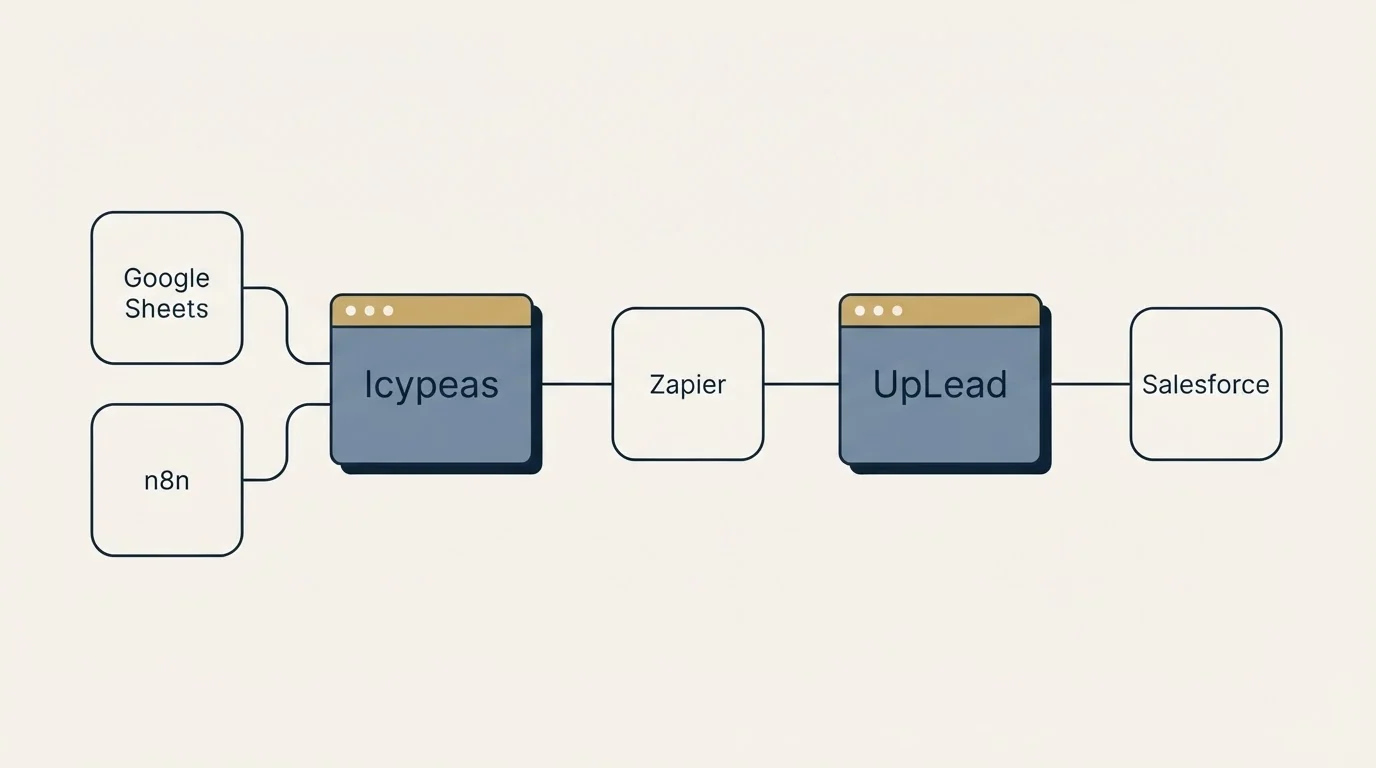 Integration schematic: Integration Ecosystem (Icypeas, UpLead, Zapier, Google Sheets)