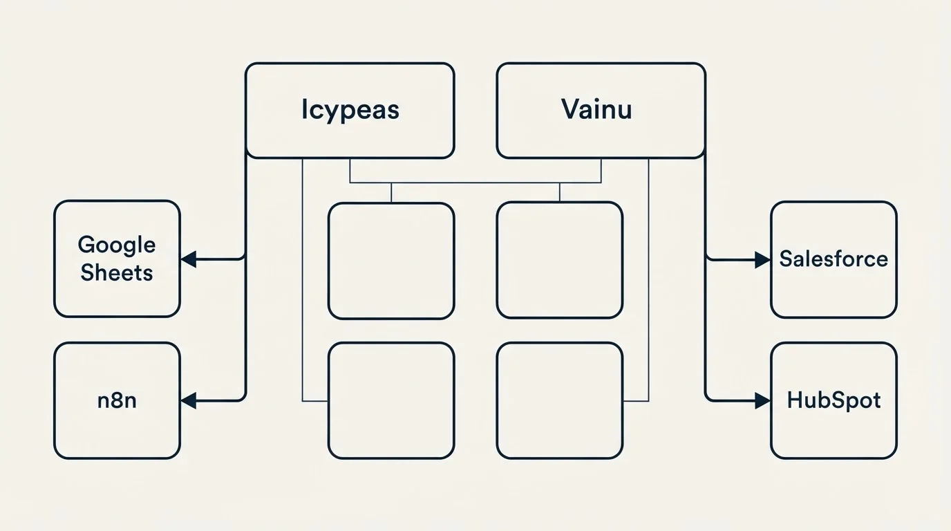 Integration grid: Integration Ecosystem (Icypeas, Vainu, Google Sheets, Salesforce)