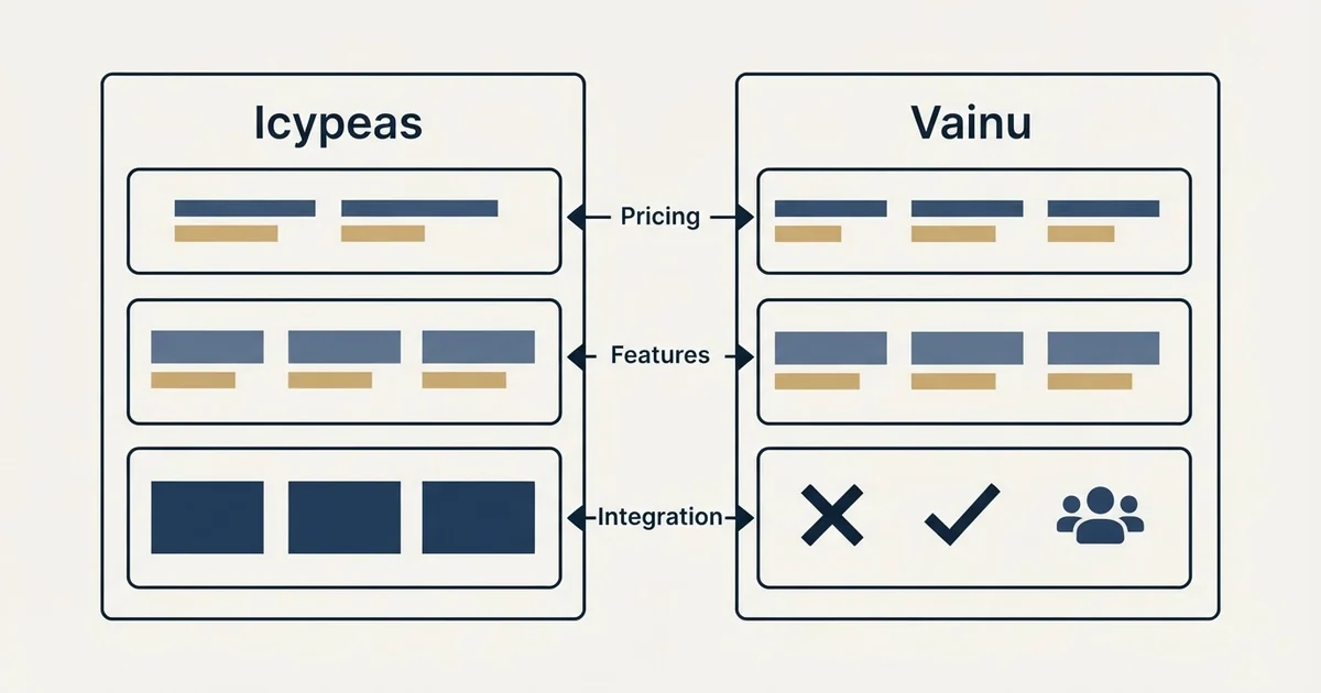 Comparison panel: Icypeas vs Vainu (Pricing, Features, Integration)