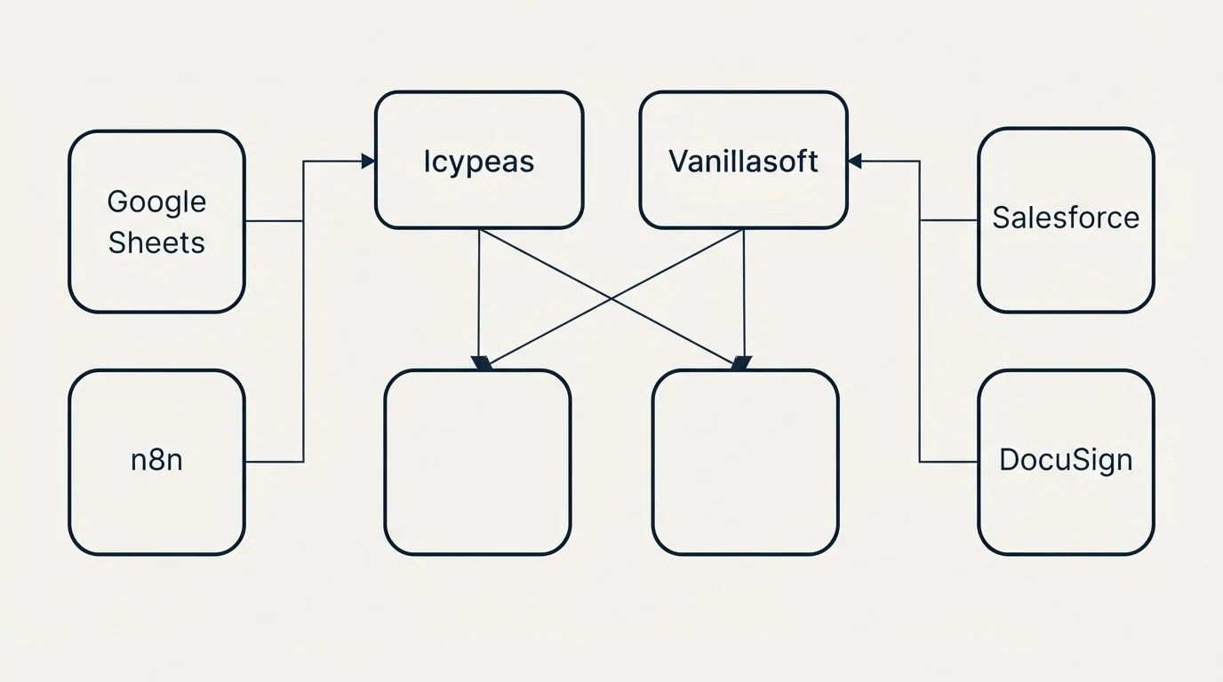 Integration grid: Integration Ecosystem (Icypeas, Vanillasoft, Google Sheets, Salesforce)