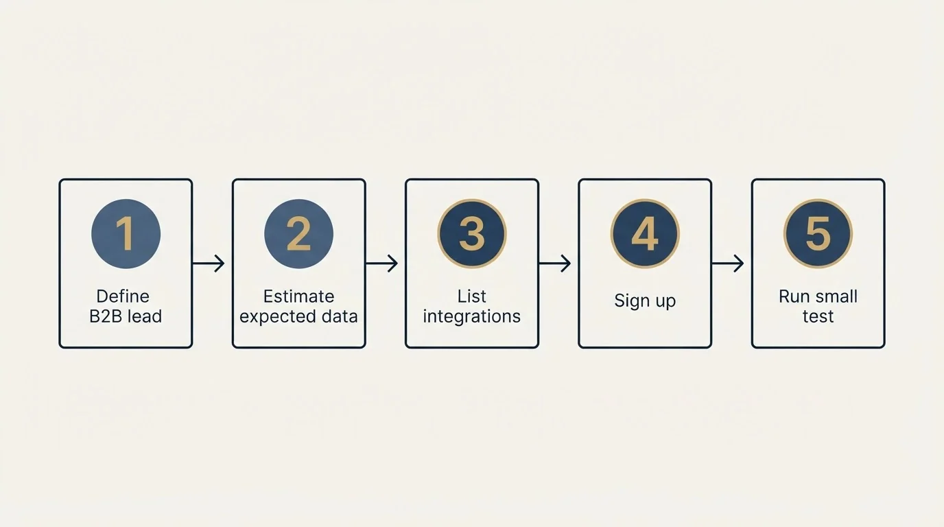 Step sequence: Getting Started Checklist (Define B2B lead, Estimate expected data, List integrations, Sign up)