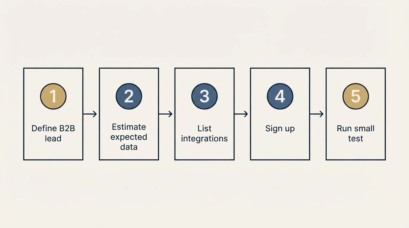 Step sequence: Getting Started Checklist (Define B2B lead, Estimate expected data, List integrations, Sign up)