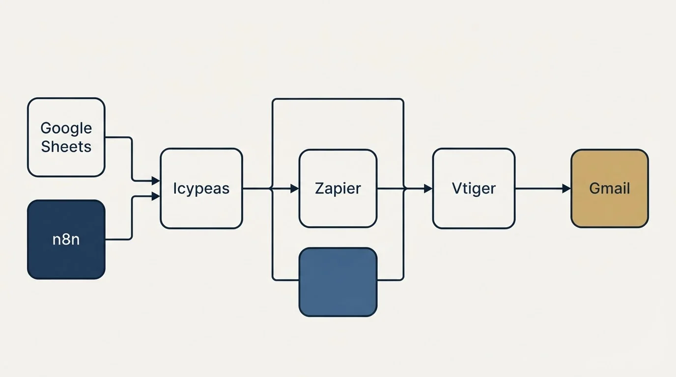 Integration flow: Integration Ecosystem (Icypeas, Vtiger, Zapier, Google Sheets)