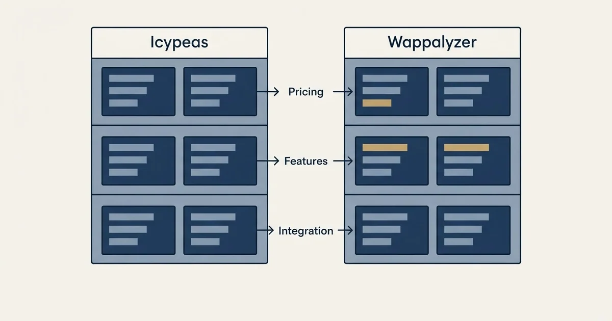 Comparison panel: Icypeas vs Wappalyzer (Pricing, Features, Integration)