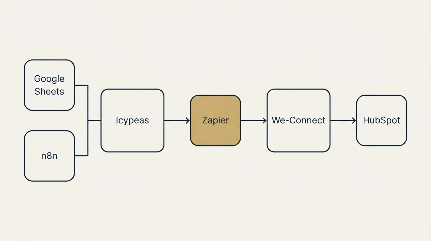 Integration flow: Integration Ecosystem (Icypeas, We-Connect, Zapier, Google Sheets)