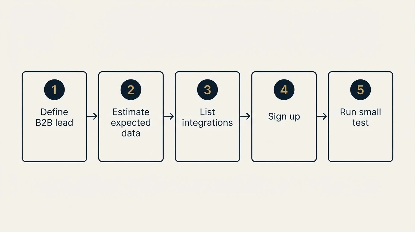 Step sequence: Getting Started Checklist (Define B2B lead, Estimate expected data, List integrations, Sign up)