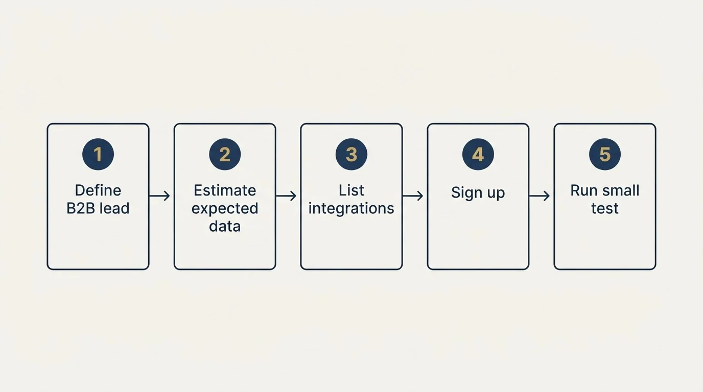 Step sequence: Getting Started Checklist (Define B2B lead, Estimate expected data, List integrations, Sign up)