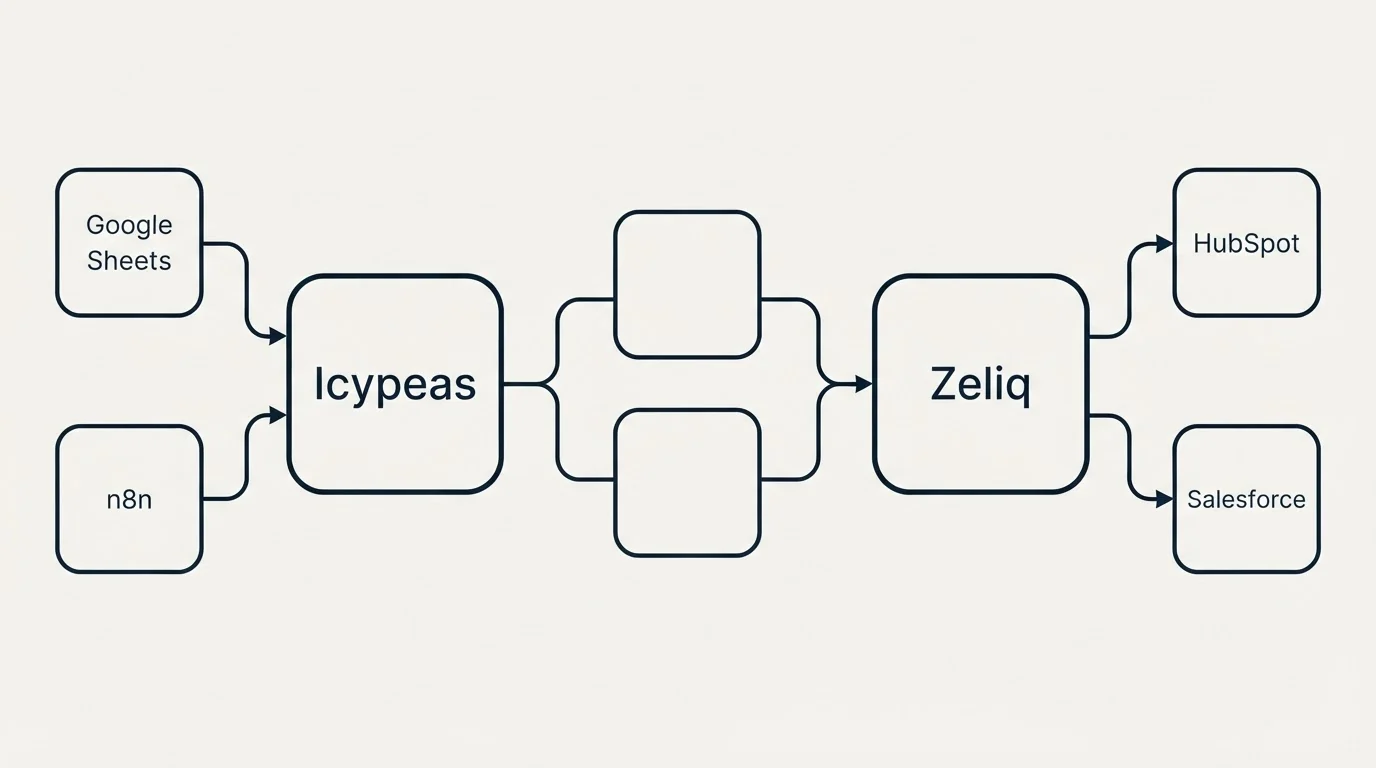 Integration schematic: Integration Ecosystem (Icypeas, Zeliq, Google Sheets, HubSpot)