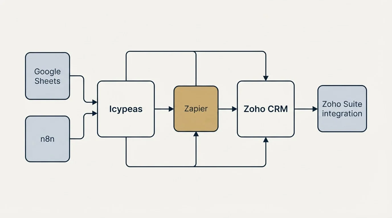 Integration schematic: Integration Ecosystem (Icypeas, Zoho CRM, Zapier, Google Sheets)