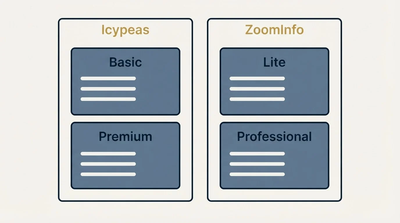 Pricing panels: Pricing Comparison (Icypeas, ZoomInfo, Basic, Lite)