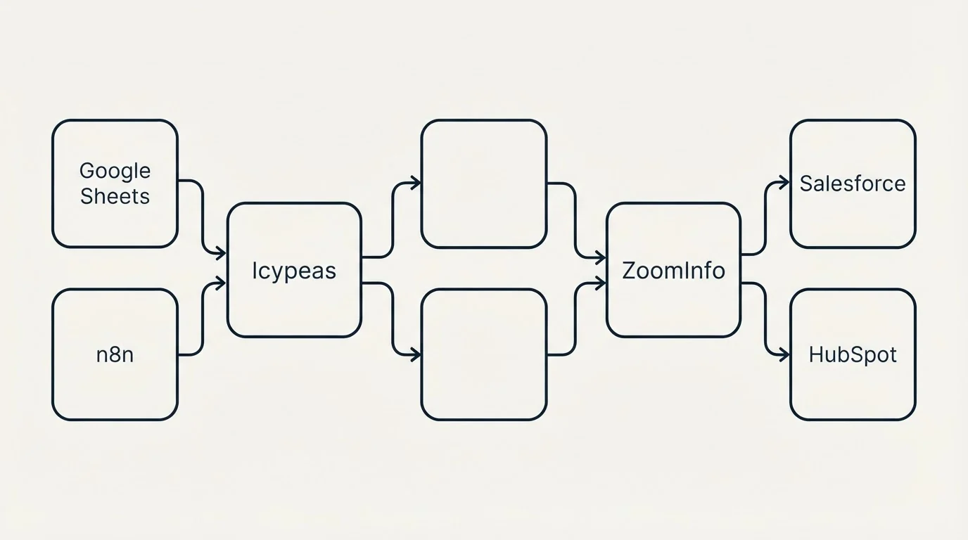 Integration schematic: Integration Ecosystem (Icypeas, ZoomInfo, Google Sheets, Salesforce)