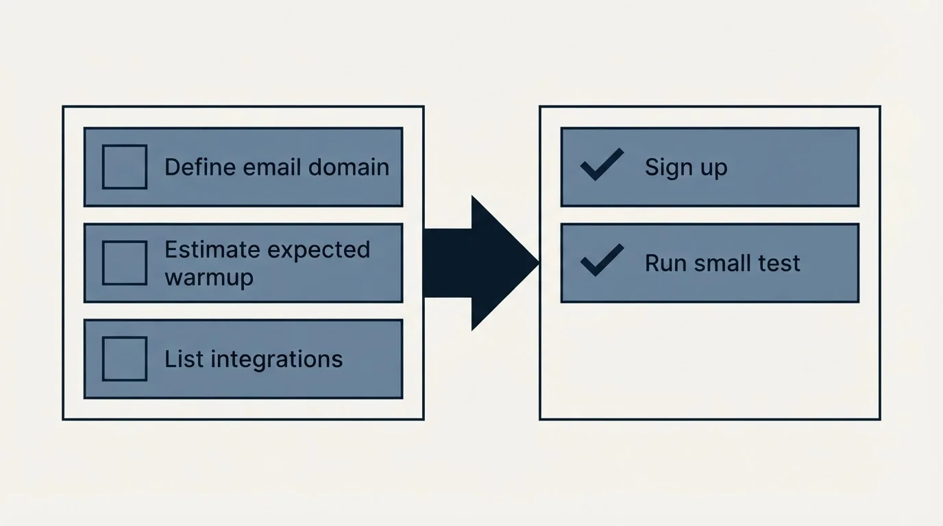Before-and-after steps: Getting Started Checklist (Define email domain, Estimate expected warmup, List integrations, Sign up)