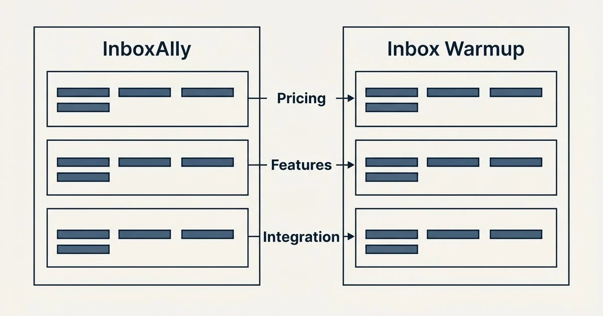 Comparison panel: InboxAlly vs Inbox Warmup (Pricing, Features, Integration)
