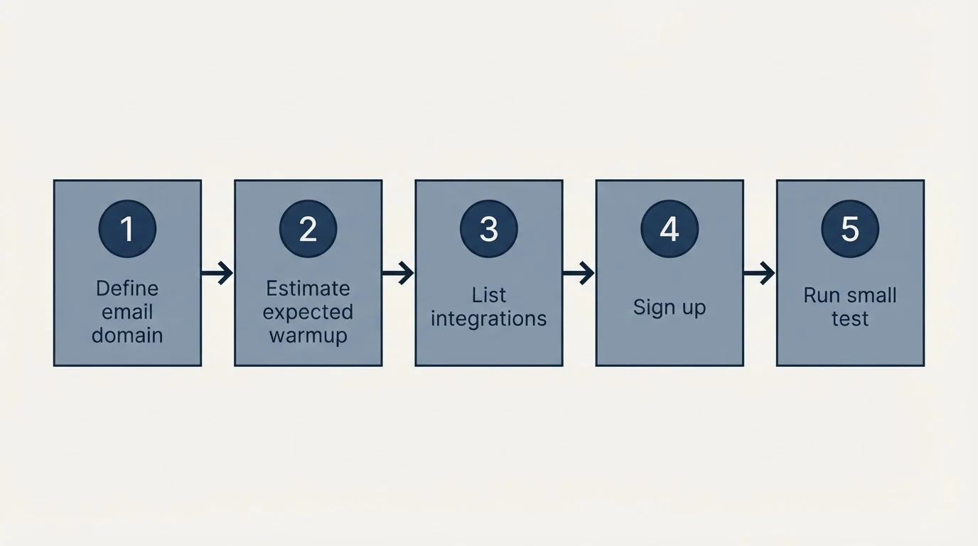 Step sequence: Getting Started Checklist (Define email domain, Estimate expected warmup, List integrations, Sign up)