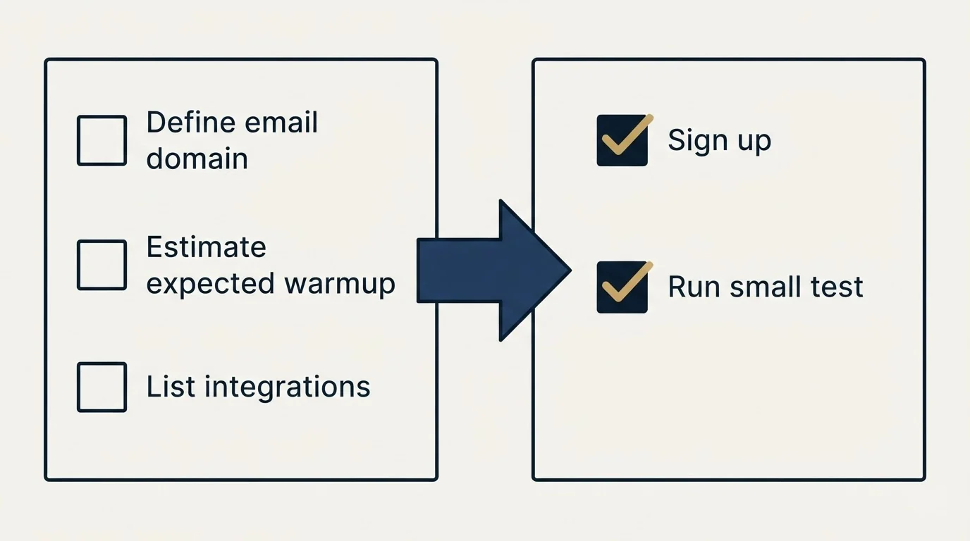 Before-and-after steps: Getting Started Checklist (Define email domain, Estimate expected warmup, List integrations, Sign up)