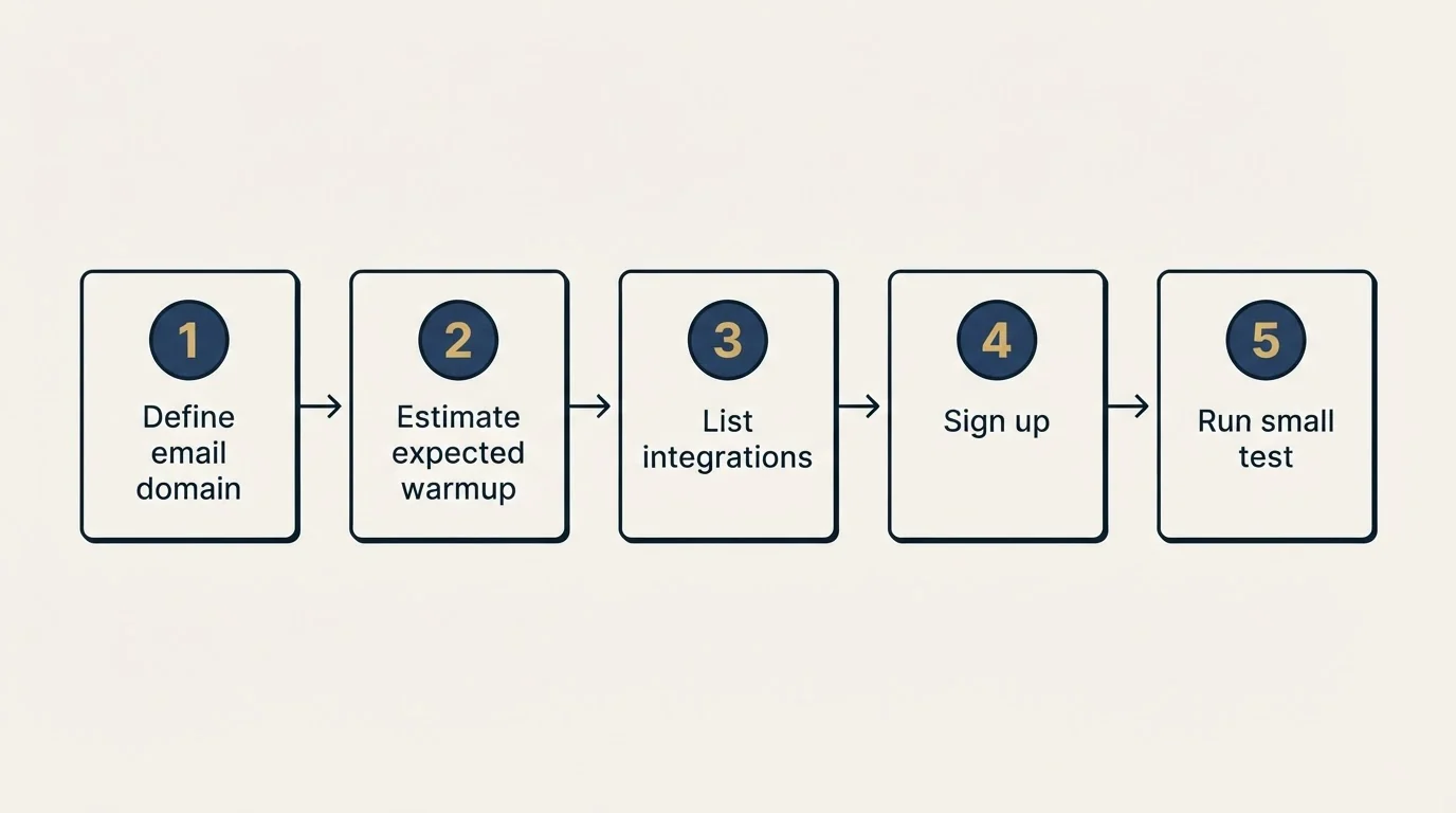 Step sequence: Getting Started Checklist (Define email domain, Estimate expected warmup, List integrations, Sign up)