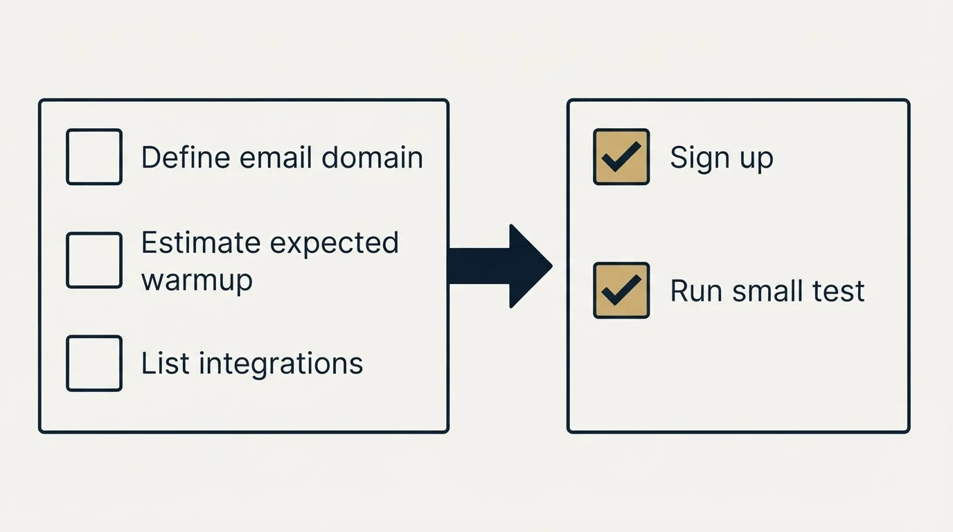 Before-and-after steps: Getting Started Checklist (Define email domain, Estimate expected warmup, List integrations, Sign up)