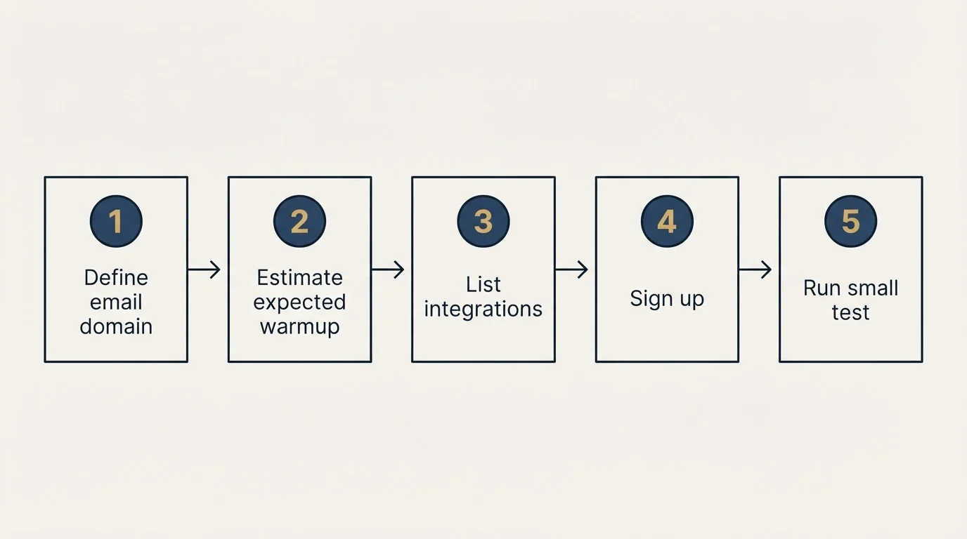 Step sequence: Getting Started Checklist (Define email domain, Estimate expected warmup, List integrations, Sign up)