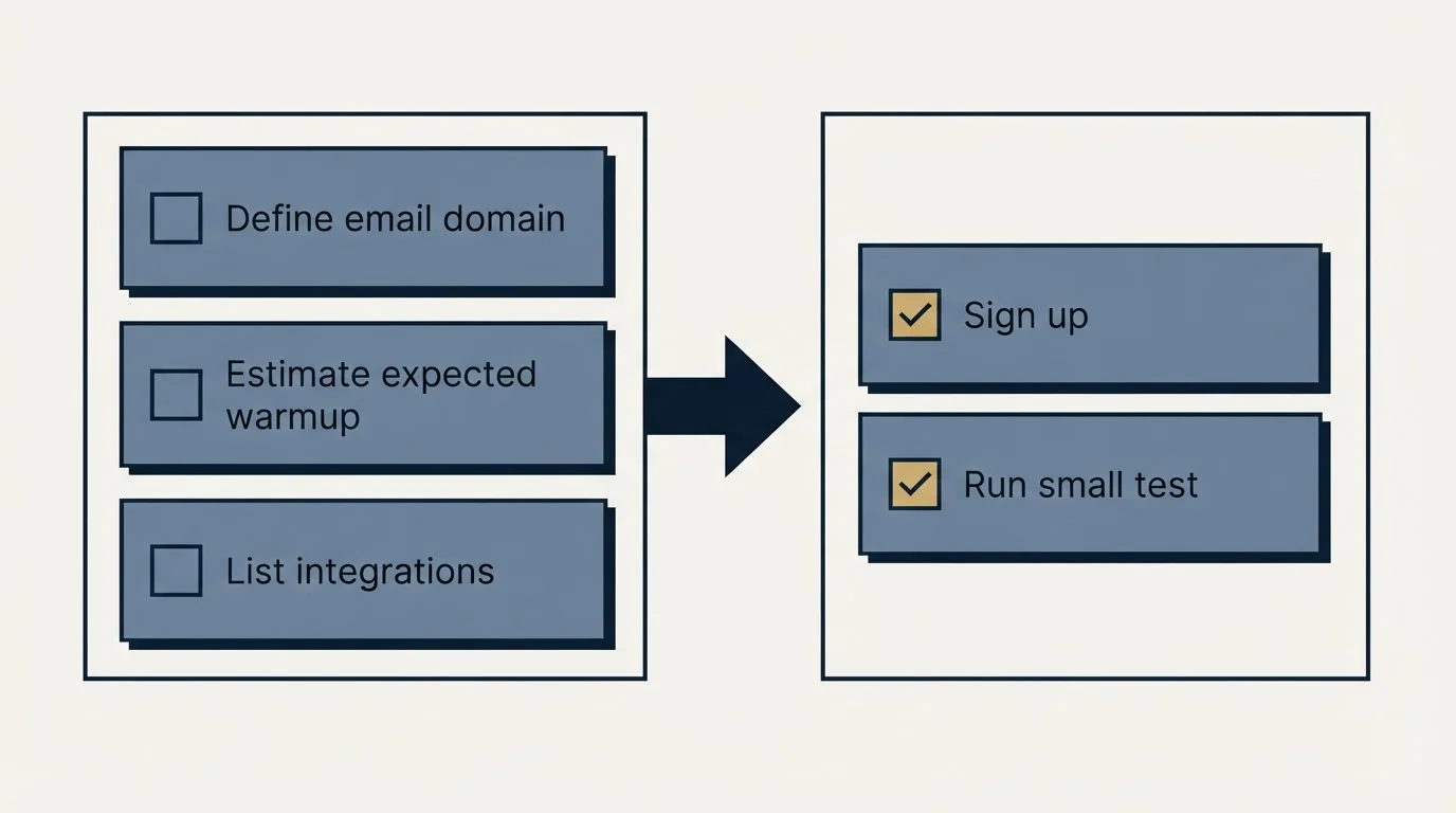 Before-and-after steps: Getting Started Checklist (Define email domain, Estimate expected warmup, List integrations, Sign up)