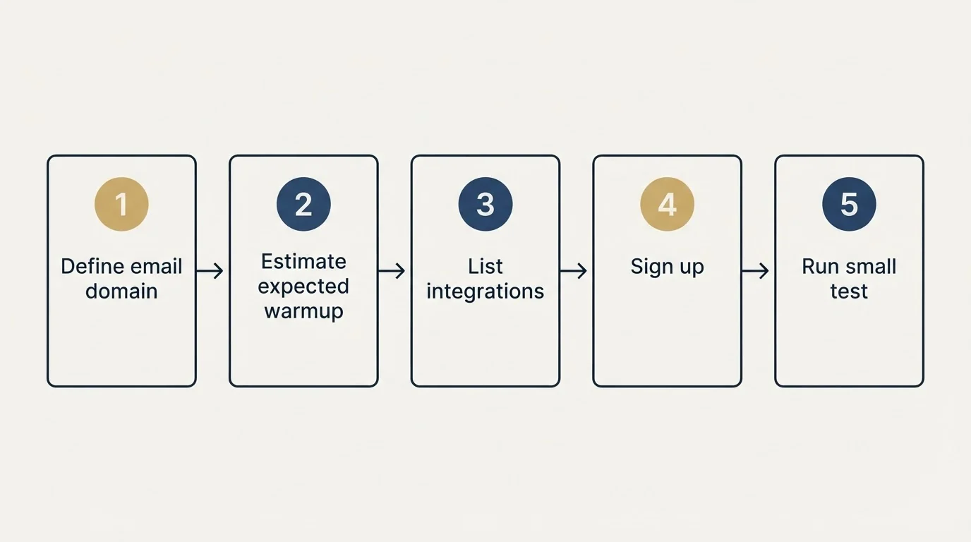 Step sequence: Getting Started Checklist (Define email domain, Estimate expected warmup, List integrations, Sign up)