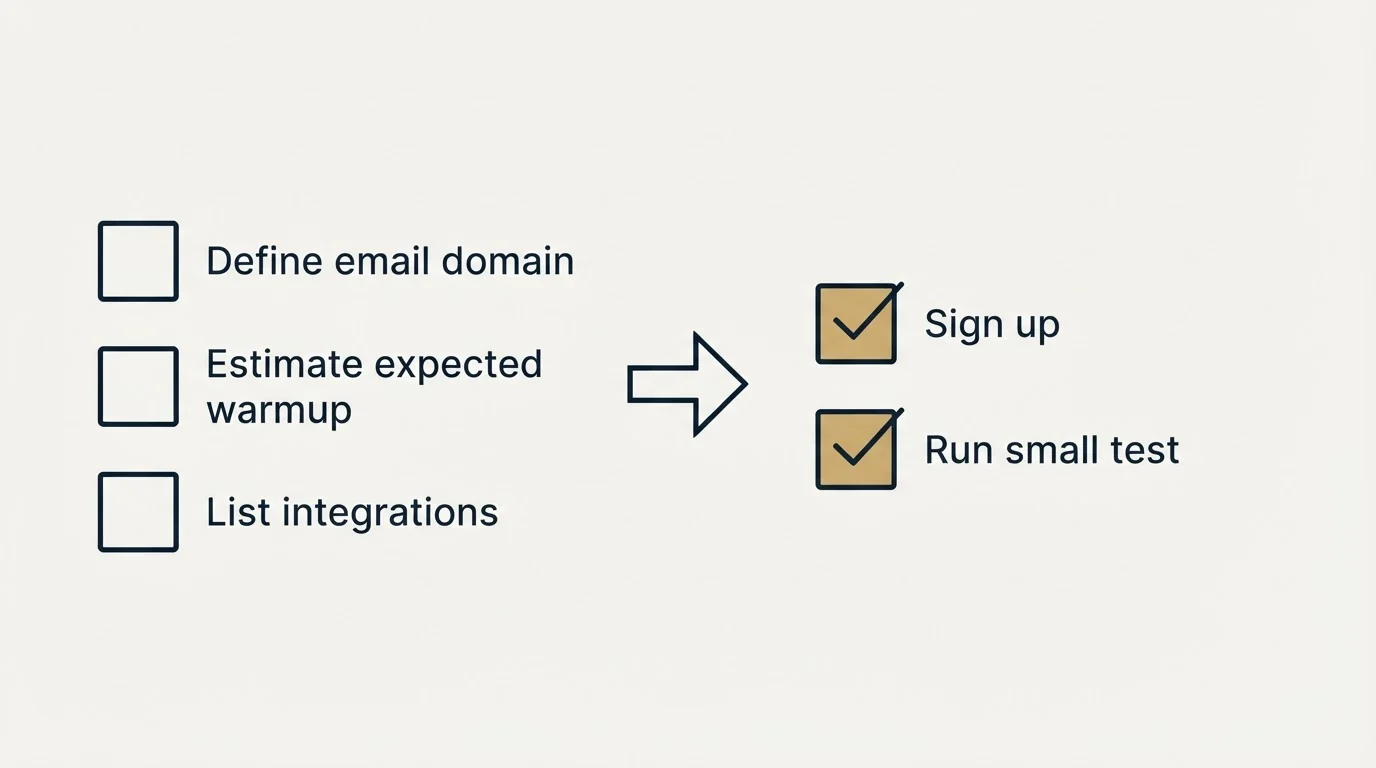 Before-and-after steps: Getting Started Checklist (Define email domain, Estimate expected warmup, List integrations, Sign up)