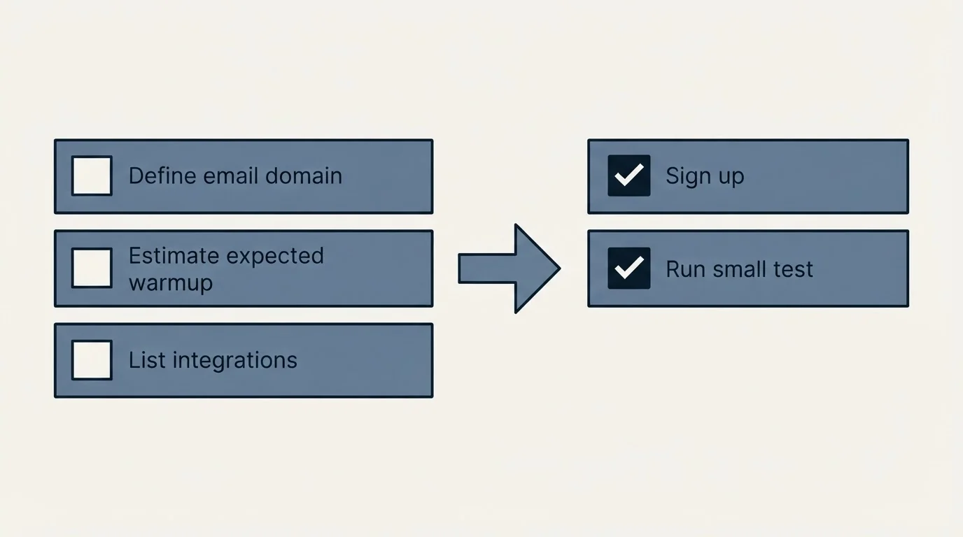 Before-and-after steps: Getting Started Checklist (Define email domain, Estimate expected warmup, List integrations, Sign up)