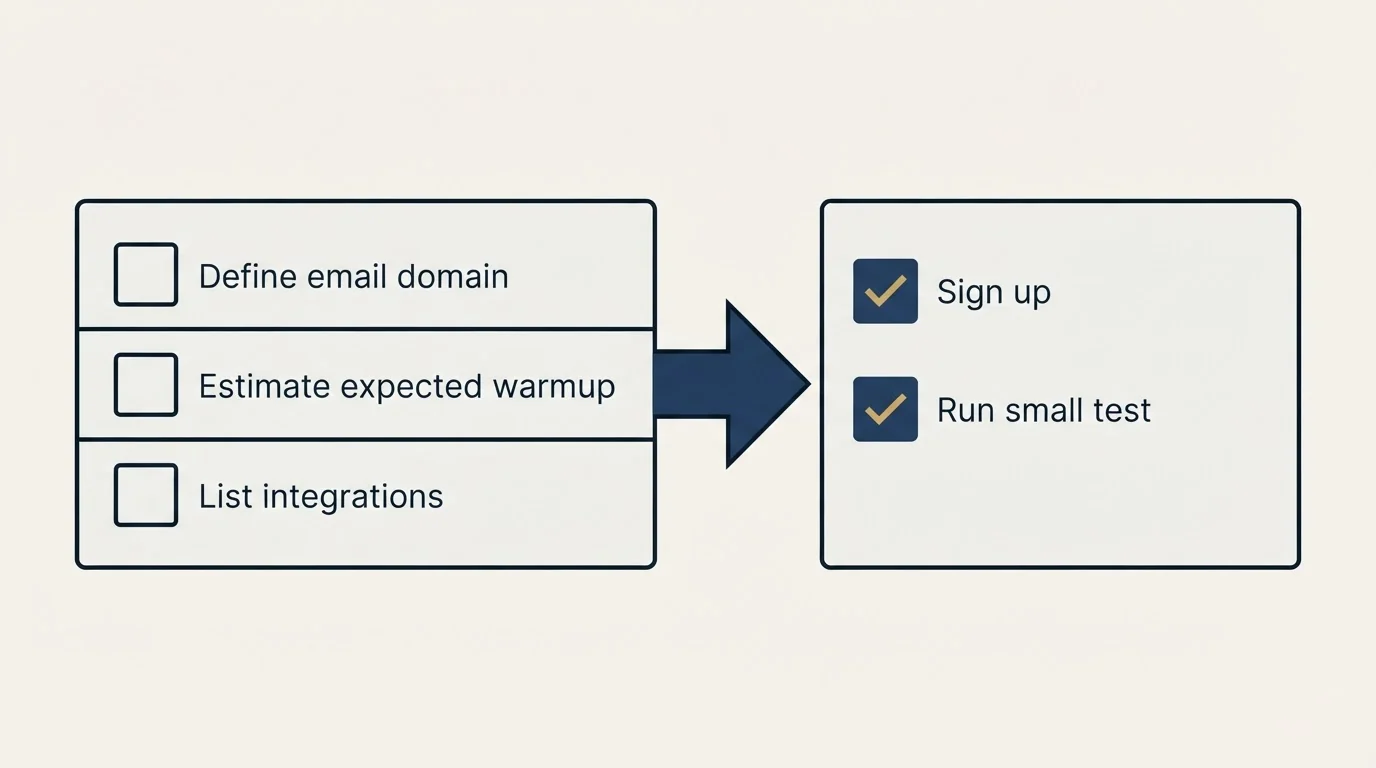 Before-and-after steps: Getting Started Checklist (Define email domain, Estimate expected warmup, List integrations, Sign up)