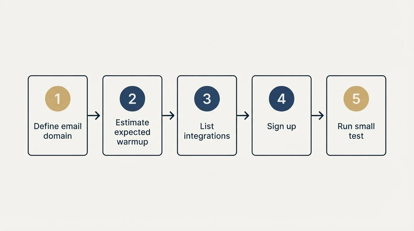 Step sequence: Getting Started Checklist (Define email domain, Estimate expected warmup, List integrations, Sign up)