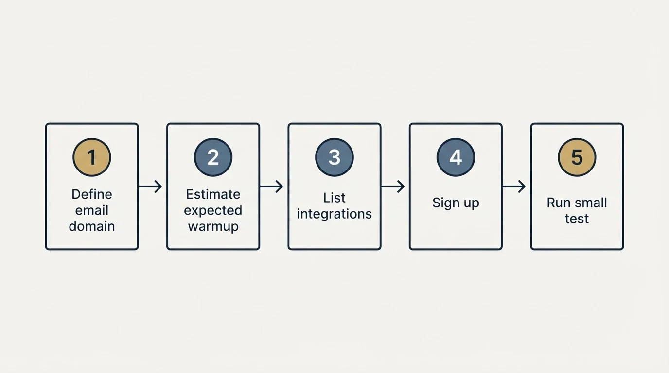 Step sequence: Getting Started Checklist (Define email domain, Estimate expected warmup, List integrations, Sign up)