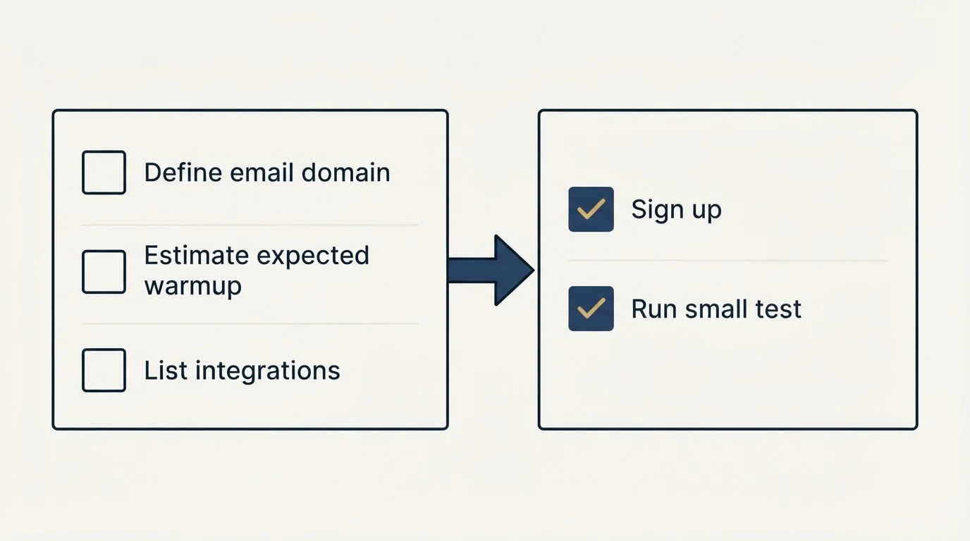 Before-and-after steps: Getting Started Checklist (Define email domain, Estimate expected warmup, List integrations, Sign up)